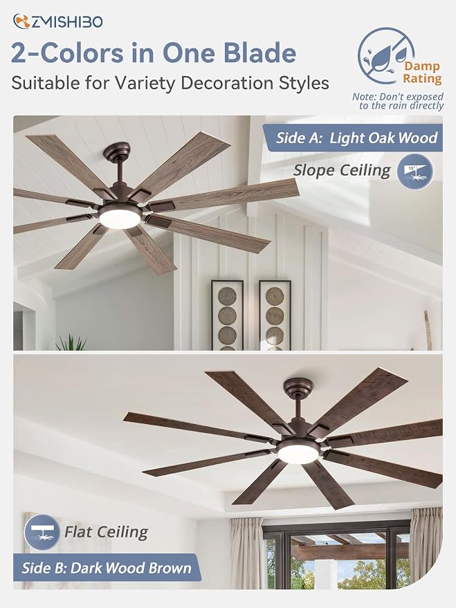 ZMISHIBO 65 Inch Ceiling Fans with Lights and Remote, Bronze Large Ceiling Fan with 3000-6000K Dimmable, Quiet Reversible DC Motor, 6 Speeds, 8 Blades Indoor/Outdoor Ceiling Fan for Patios Living Room