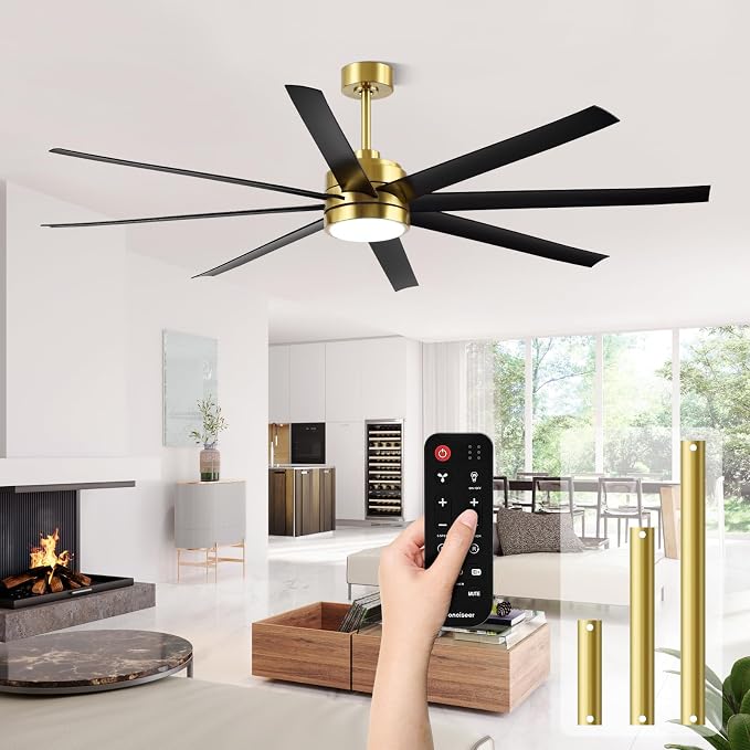 Conciseer 65 Inch Ceiling Fans with Lights and Remote for Bedroom Living Room Kitchen Office, Indoor/Outdoor Use, 3CCT, 8 Blades 6 Speed Reversible Dimmable Quiet DC Motor, Gold/Black
