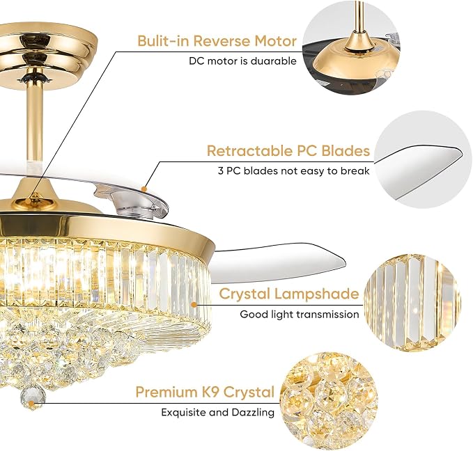 FIDGRA 52 Inch Fandelier Ceiling Fan with Light, Retractable Chandelier Fan, 3 Color Temperature, 6 Wind Speed, Crystal Ceiling Fan for Bedroom Living Room Dining Room-Gold