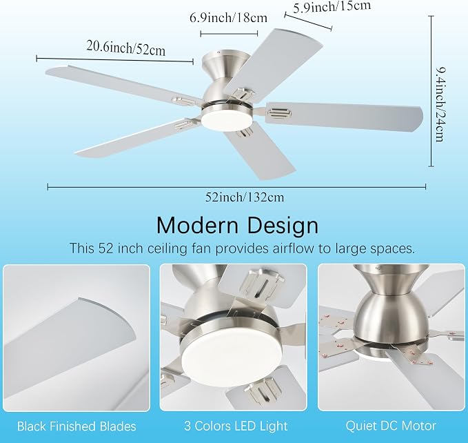 KNUN Ceiling Fan with Light,52 Inch Low Profile Ceiling Fans with Remote Control and App,3 Color Dimmable LED, 6 Speeds DC Reversible,Noiseless, Flush Mount Ceiling Fan for Bedroom, Patio