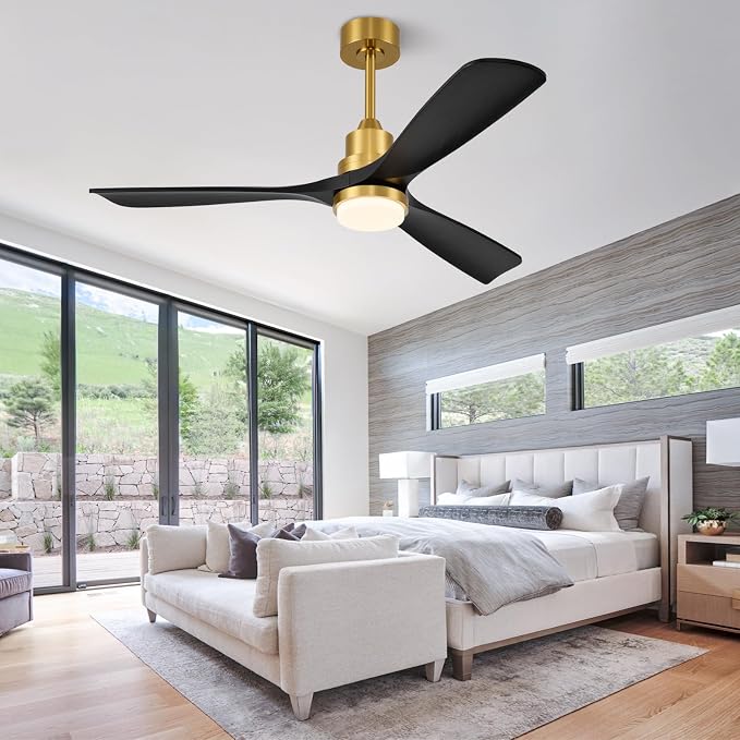 52 inch Smart Ceiling Fan with Lights,Outdoor Ceiling Fan 3 Wood Blades Compatible with Alexa/Gg Voice Control&App&Remote,Quiet DC Motor for Covered Patio Porch Bedroom,Black and Gold