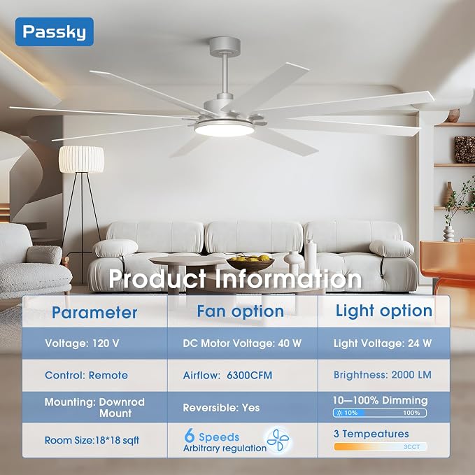 80 inch Ceiling Fans with Lights, Large Modern Ceiling Fan with Light and Remote Control, Reversible, Dimmable, 3CCT, Quiet, Nickel Ceiling fan For Bedroom Living Room Patio Farmhouse, Indoor/Outdoor
