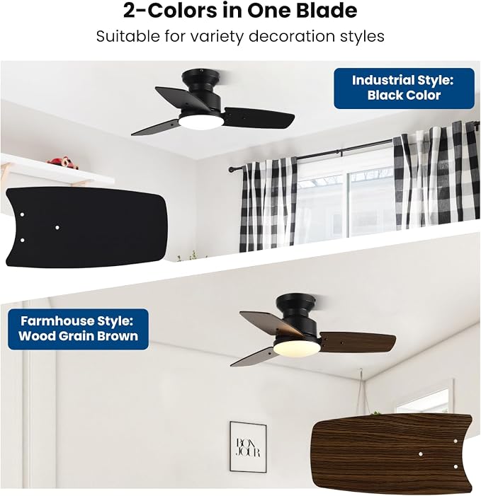 Conciseer 30 Inch Ceiling Fans with Lights and Remote, Bedroom Living Room Office, Flush Mount, 6CCT Dimmable, Dual Color 3 Blades, 6 Speed Reversible Quiet DC Motor, Black/Wood Grain, 2 Pack