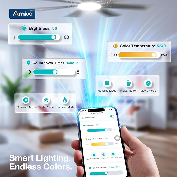 Amico Ceiling Fans with Lights, 72 inch Smart Ceiling Fan Compatible with Alexa/App/Remote Contro,Reversible DC Motor, 6 Speeds, Dimmable 3CCT LED, Quiet Indoor/Outdoor for Living Room, Great Room
