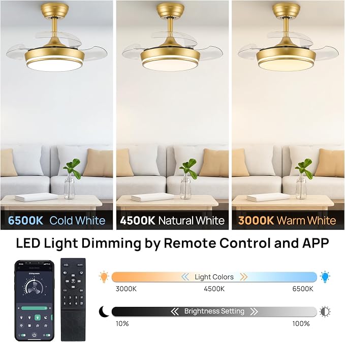 STERREN 30" Retractable Ceiling Fans with Lights, Dimmable LED Ceiling Fan Remote Control, Modern Small Fan Light for Bedroom Living Room Dinning Room Kitchen, 3000K-6500K, 6 Speed (Golden)