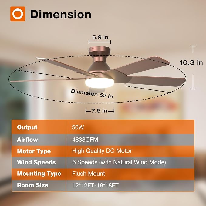 addlon Ceiling Fans with Lights, 52 Inch Low Profile Ceiling Fan with Light and Remote Control, Flush Mount, Reversible, 3CCT, Dimmable, Quiet, Brown Ceiling Fan for Bedroom Indoor/Outdoor Use