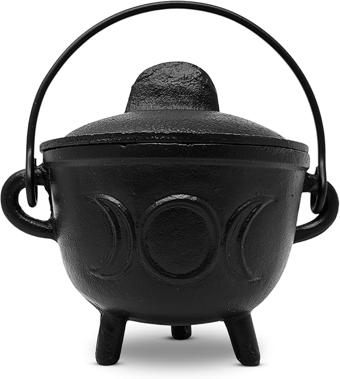 New Age Imports, Inc. Triple Moon Cast Iron Cauldron w/Handle & lid, Ideal for smudging, Incense Burning, Ritual Purpose, Decoration, Halloween Decoration, Candle Holder, etc. (Triple Moon - BR91)