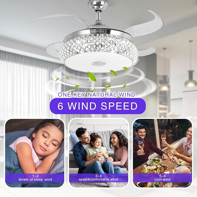 BAYSQUIRREL Retractable Ceiling Fan with Light, Low Profile Bluetooth Ceiling Fan with Speaker,RGB-LED Light 6 Speed Reversible Invisible Ceiling Fans for Bedroom,Remote and APP Control