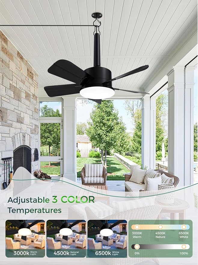LANMEL Outdoor Gazebo Ceiling Fan with Light and Remote, 18 Inch, Black | Plug-In, IP65 Waterproof, Hanging with Hook, 6 Speed, Reversible, 3CCT, Dimmable, Portable, for Patio, Canopy, Porch, RV