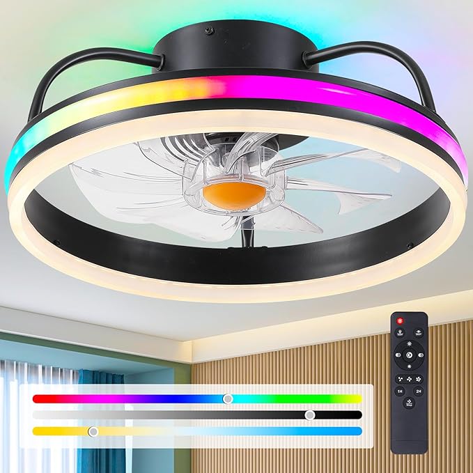 Ceiling Fan-Low Profile Ceiling Fan with Light - Modern Flush Mount Ceiling Fan ,16" RGB Dimmable LED Enclosed Ceiling Fans,Modern Bladeless LED-RGB Ambient Light for Bedroom Kids Room Party（Black）