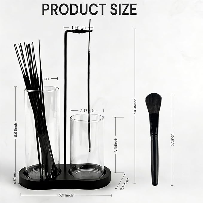 2 in 1 Black Incense Holder for Sticks with Glass Ash Catcher, Anti-Ash Incense Burner for Yoga Meditation Spa, Sleek Minimalist Decor & Incense Holder for Men, Includes Ash Brush