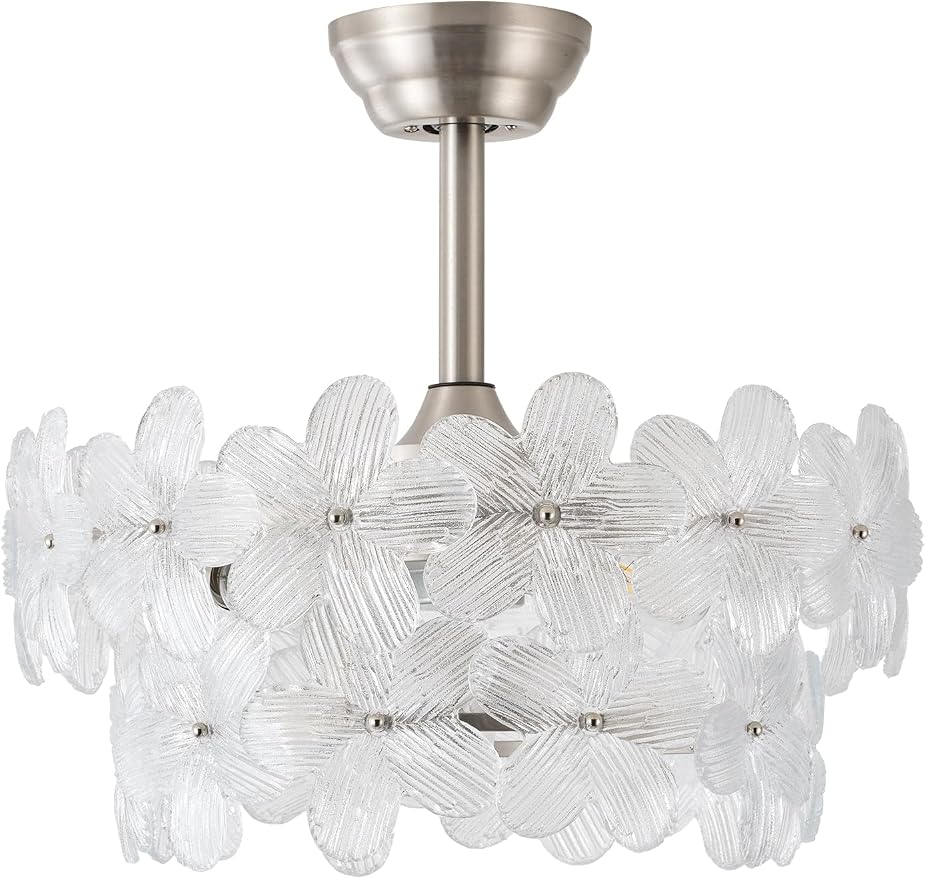 Silver Crystal Fandelier Ceiling Fans with Lights, 20" Silver Flower Chandelier Ceiling Fan with Light Remote Control, Caged Mid-Century with 6 Speeds for Bedroom, Nursery, Living Room