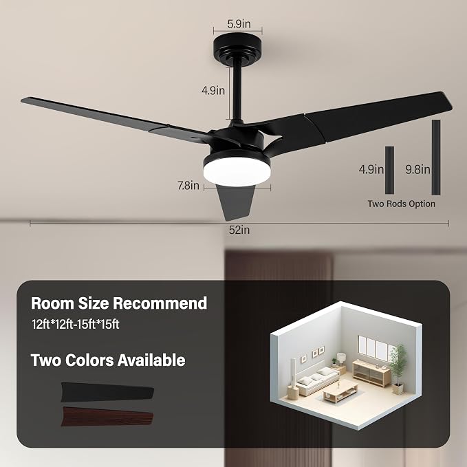Ceiling Fan with Lights and Remote, 3 Blade App Control Timer Reversible Stepless Brightness and Color Temperature Outdoor Wood Ceiling Fan with Lights (Black, 52 In)