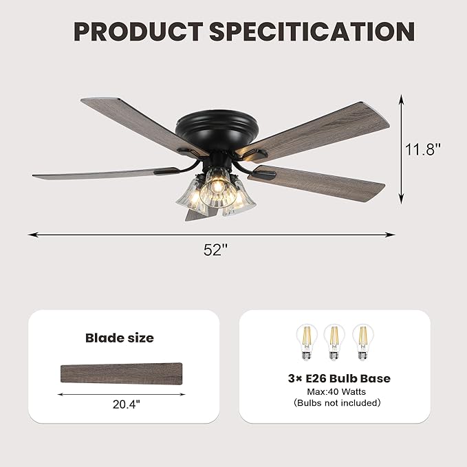 Dawn Whisper 52 Inch Ceiling Fan with Light Flush Mount Classic Vintage Farmhouse Ceiling Fan with 3 E26 Covered Energy Efficient Light Bulbs Base