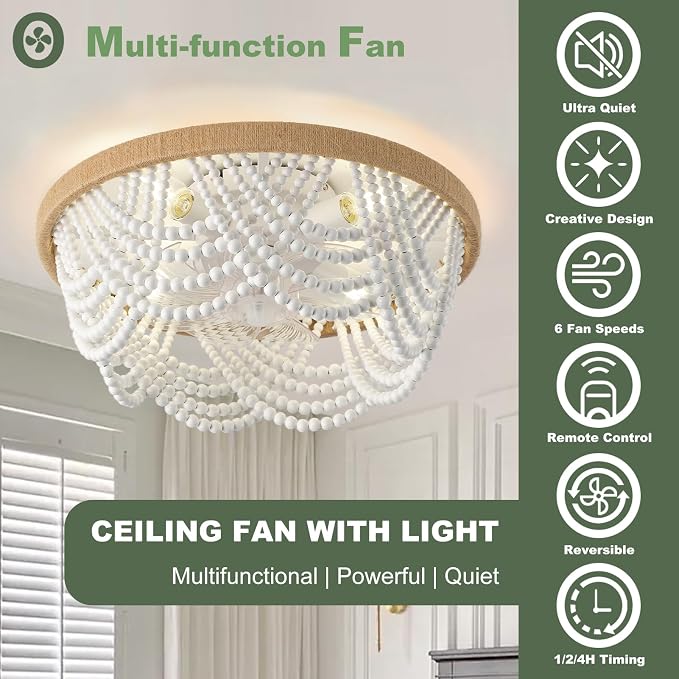 Ceiling Fans with Lights and Remote - Bulbs Included, Caged Fandelier with Handcrafted Beaded Décor 19 inches Reversible Flush Mount Installation Ceiling Fan, White