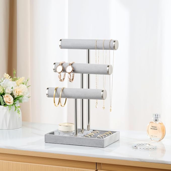 Jewelry Organizer Stand Display, 3 Tier Velvet Bracelet Holder, Grey | Jewelry Organizers and Storage | Jewelry Tree | Jewelry Towers for Necklaces, Bracelets, Earrings, Rings