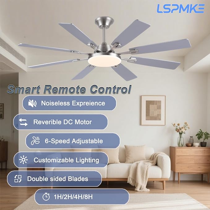 Ceiling Fan With Light & Remote Indoor/Outdoor Use 60 Inch Nickel | Reversible DC Motor,3CCT, Dimmable, Timer, Noiseless,Ceiling Fan for Bedroom Living Room