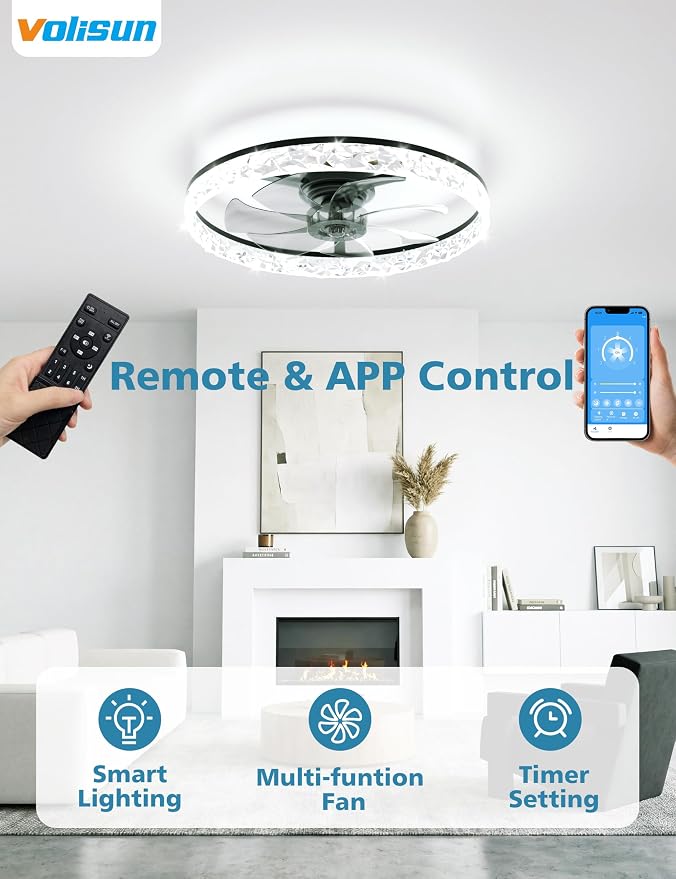 VOLISUN Low Profile Ceiling Fan with Lights and Remote, No Assembly, 24in Modern Ceiling Fans Flush Mount, 3000K-6500K Dimmable Bladeless LED Fan Light, Black Fandelier Ceiling Fans for Bedroom