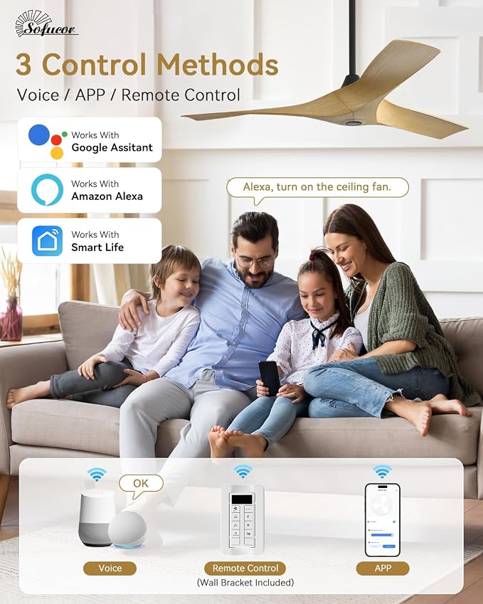 Sofucor 52 Inch Smart Ceiling Fan No Light, Modern Ceiling Fan with 3 Plastic Blades, Compatible with Alexa/Google/App, 6 Speeds 4500CFM, Timer Quiet Reversible DC Motor, ETL/FCC
