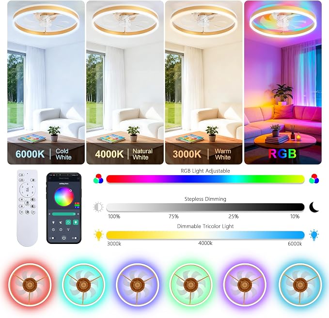STERREN RGB Ceiling Fan with Light, 20'' Low Profile Ceiling Fans with Remote Control, Smart Gold Flush Mount LED Fan Light, Modern Bladeless Fandelier for Bedroom, Living Room, Kitchen