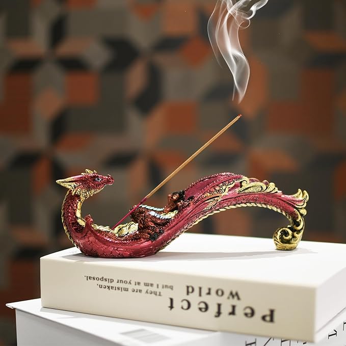 Smoking Dragon Statue Incense Burner, Incense Holder for Sticks, Incense Stick Holder,Incense Stick Stand Form Home Decor (Red)