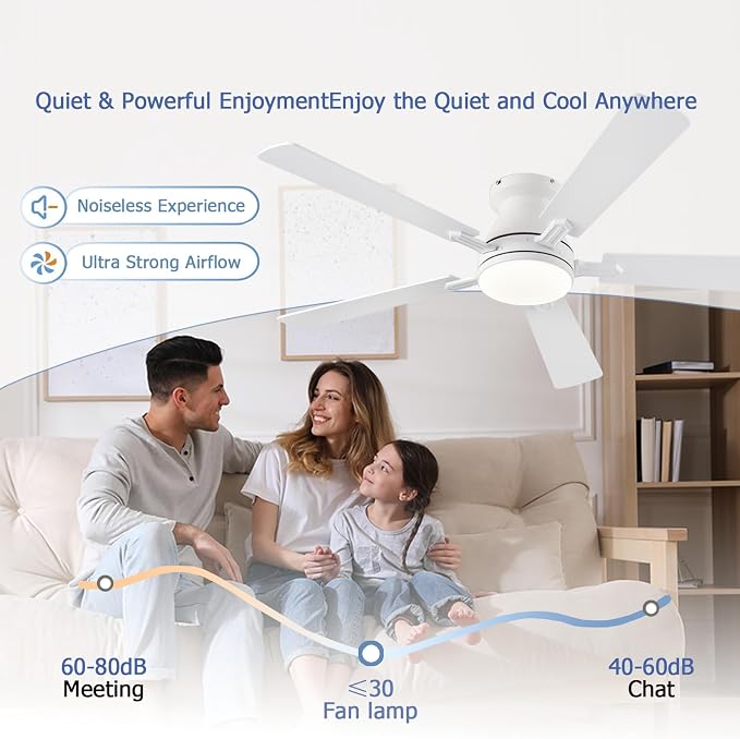 Ayaoty 54 inch Ceiling Fans with Lights and Remote, Low Profile Ceiling Fan with Light, Flush Mount, Reversible, 3CCT, Dimmable, Noiseless, White Ceiling Fan for Bedroom, Indoor/Outdoor Use