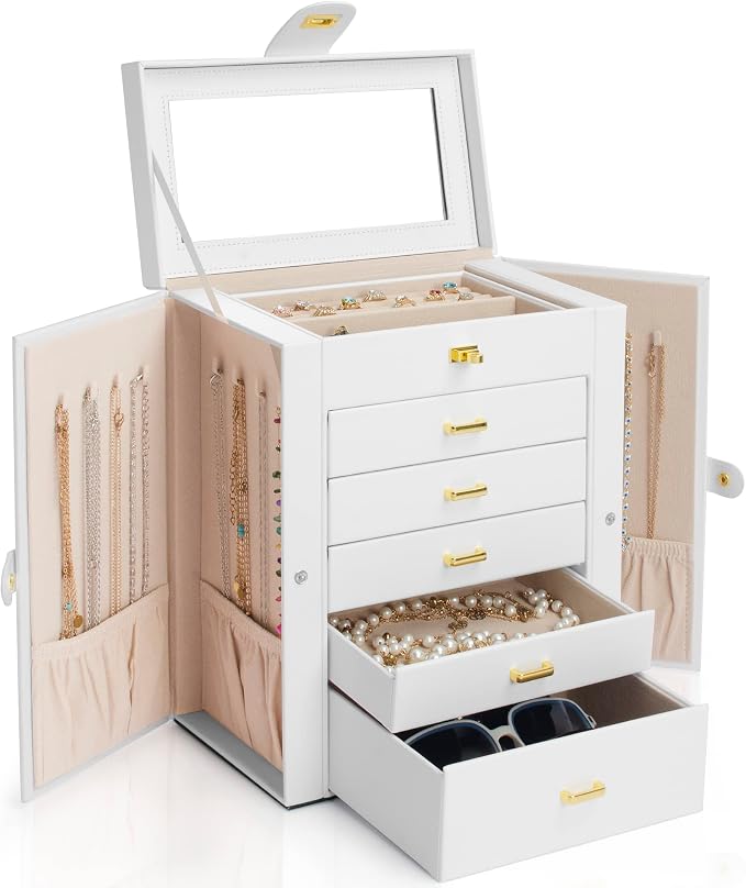 AKOZLIN 6-Tier Jewelry Box Organizer Functional 5 Drawers Leather Jewelry Storage Case for Women Girls Ring Necklace Earring Bracelet Holder Organizer with Mirror White Regular