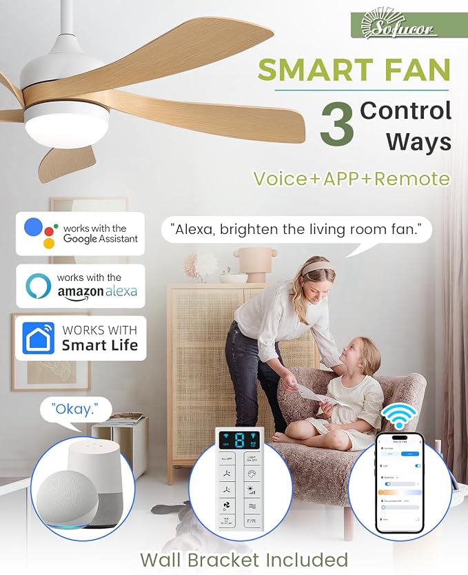 Sofucor 42" Smart Ceiling Fan, Outdoor Modern Ceiling Fans with Lights and Remote, Compatible with Alexa/Google/App, 3-Color Light 6-Speed Timing Reversible DC Motor for Living Room Bedroom Patio