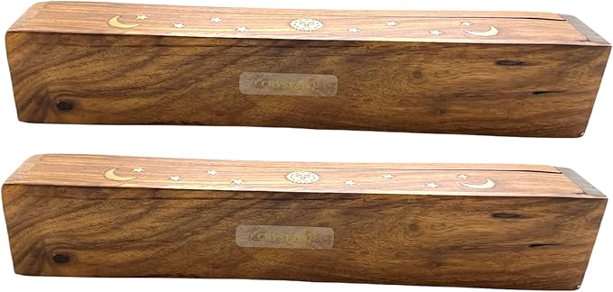 2 Pack Wooden Coffin Incense Sticks Burner - 12 Inches Brass Inlays - Storage Compartment (Sun Moon Star)