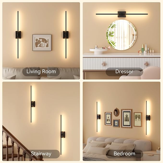 Ouyulong Battery Operated Wall Sconces Set of 2, 10000mAh Wireless Rechargeable 3000-6000K Dimmable 350° Rotate Wall Light with Remote for Living Room, Bedroom 23.6in Black