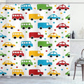 Ambesonne Cars Shower Curtain, Vivid Colored Silhouettes of Transportation Vehicles Bus Taxi Automobile Pattern, Cloth Fabric Bathroom Decor Set with Hooks, 69" W x 70" L, Orange Green Blue