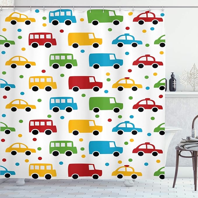 Ambesonne Cars Shower Curtain, Vivid Colored Silhouettes of Transportation Vehicles Bus Taxi Automobile Pattern, Cloth Fabric Bathroom Decor Set with Hooks, 69" W x 70" L, Orange Green Blue