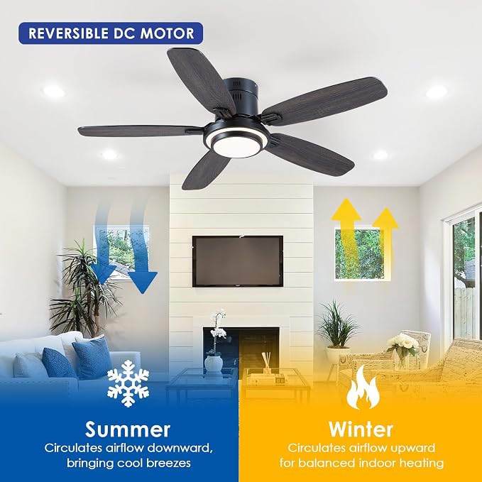 Hounberi 50 Inch Black Ceiling Fans with Lights and Remote, Modern Flush Mount Low Profile Ceiling Fan, 3CCT, Dimmable, Quiet DC Reversible Motor, for Bedroom Living Room Indoor/Outdoor Use