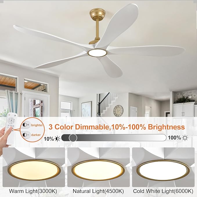 60 Inch White and Gold Ceiling Fans with Lights and Remote, Modern Outdoor Ceiling Fan with Light for Patio Porch Large Room, 3 Wood Blade, Memory Function, Quiet DC Motor, High CFM Airflow