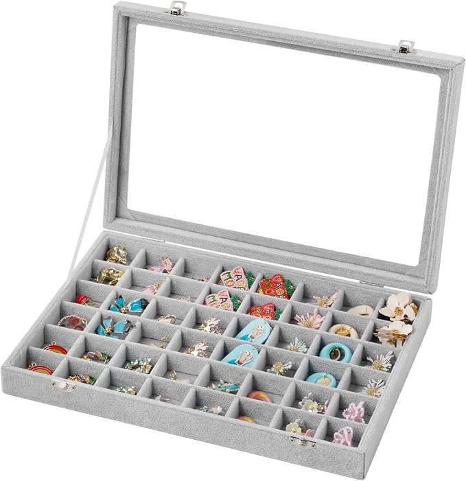Frebeauty 48 Grid Earring Organizer,Velvet Jewelry Tray with Clear Lid | Drawer Jewelry Organizer for Rings Studs Beads,Adjustable Dividers,Dustproof,Earring Storage,Trinket Box,13.8×9.5Inches