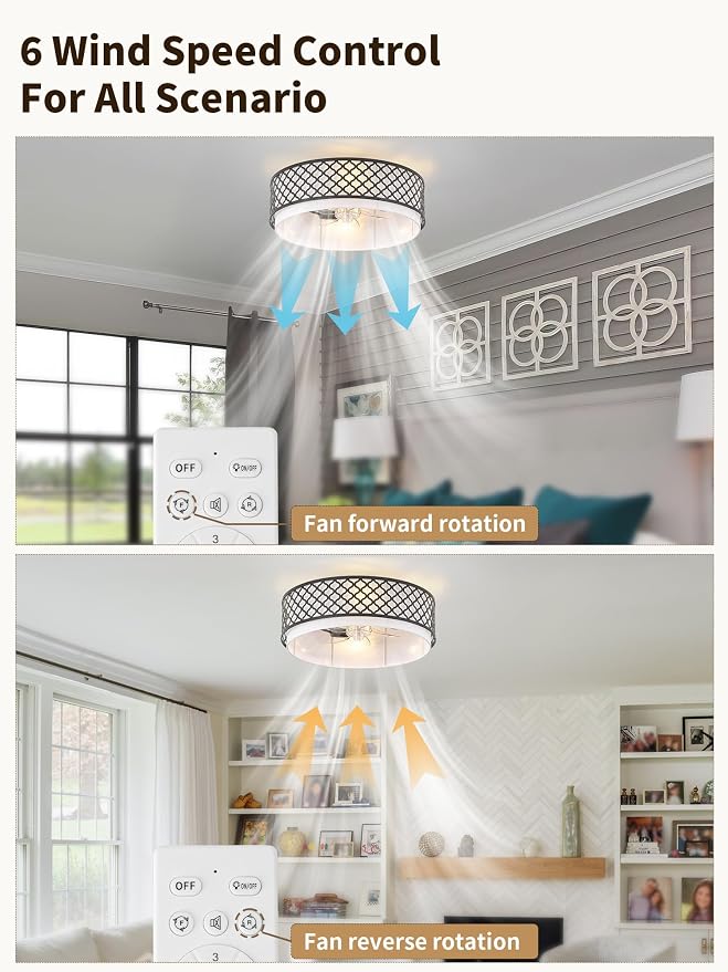 20" Farmhouse Rustic Flush Mount Ceiling Fan with Light, Black Ceiling Fans with Lights Low Profile, Enclosed with Remote Control 6 Speeds for Living Room, Bedroom, Nursery