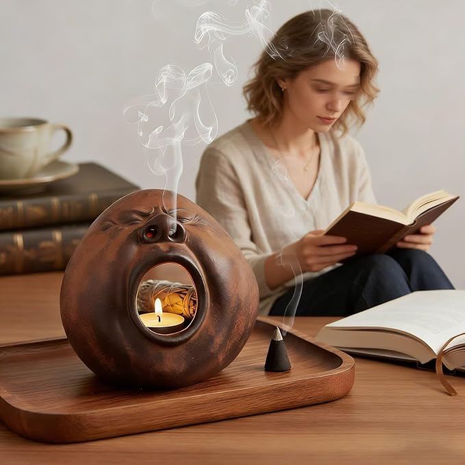 Ceramic Incense Burner - Novel Yawning Face Design Palo Santo Burner Meditation Incense Holder Hand Polishing Cedar and Zen Herb Burners Suitable Space for Meditation and Prayer