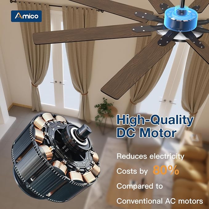 Amico Ceiling Fans with Lights, 72 inch Smart Ceiling Fan Compatible with Alexa/App/Remote Contro,Reversible DC Motor, 6 Speeds, Dimmable 3CCT LED, Quiet Indoor/Outdoor for Living Room, Great Room