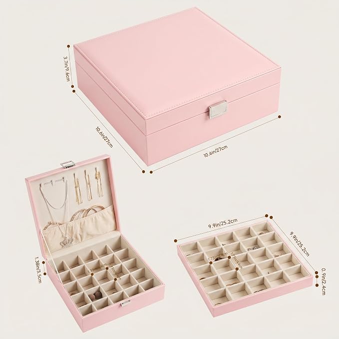 Frebeauty 50 Grid Earring Holder Organizer,2 Layer Jewelry Box for Women | Faux Leather,Velvet Lining,Adjustable Divider,Jewelry Organizer for Ring Necklace and Bracelet,for Home Use and Jewelry Store