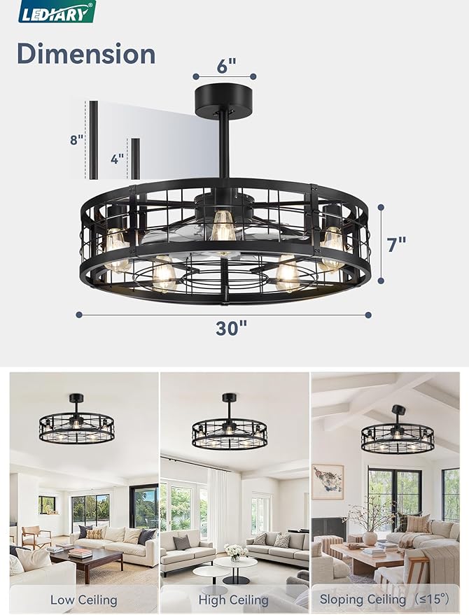 LEDIARY 30 inch Fandelier Caged Ceiling Fan with Light, Bladeless Ceiling Fan with Remote, Farmhouse Fan Lights Ceiling Fixtures for Kitchen, Bedroom, Outdoor(6 Speed, Timing)-Black