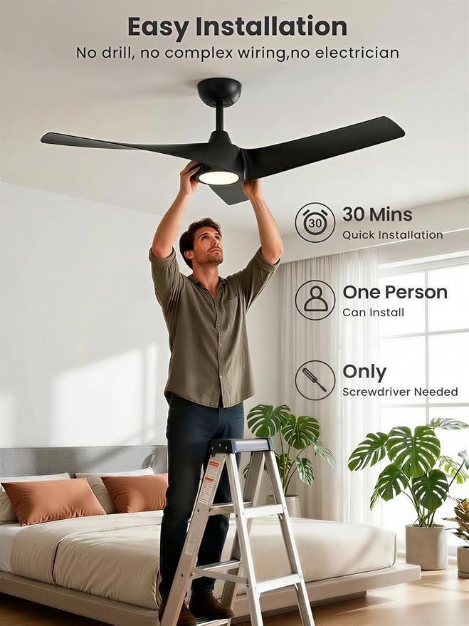 TALOYA 52 inch Modern Ceiling fan with Light, 3 Blades Ceiling Fans with Lights and remote, 3000K-6500K, Dimmable, Quiet, Outdoor Ceiling fan For Living Room, Bedroom, Patio, Farmhouse, Black