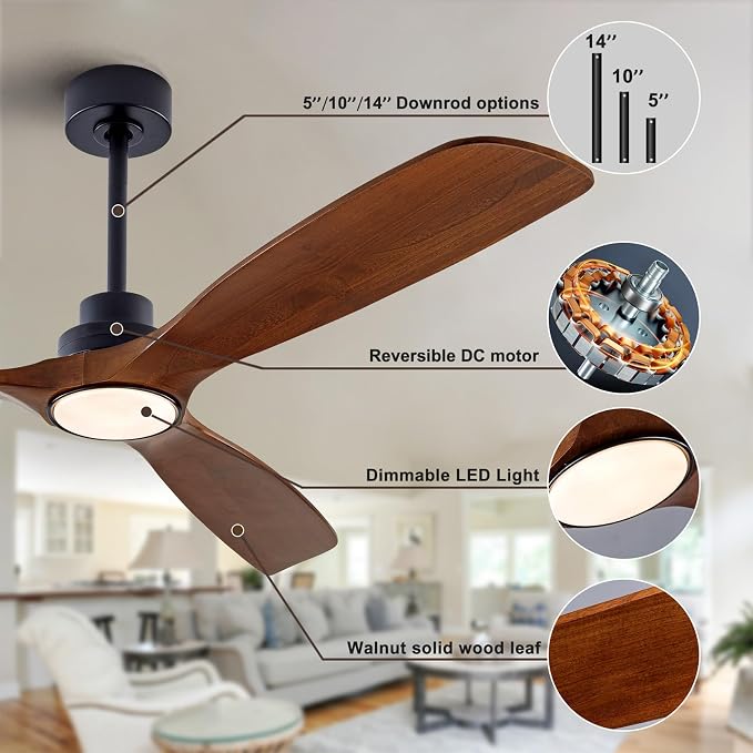 QUTWOB 60" Wood Ceiling Fan with Light, Reversible DC Motor, Remote Control | solid wood blades, quiet 6-speed reversible dc inverter motor, remote control, 3-color led, for indoor outdoor patio bedroom