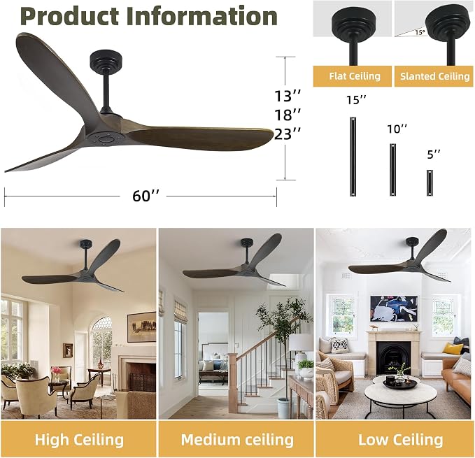 Outdoor Ceiling Fan Without Light, 60 Inch Smart Ceiling Fan with Remote & Voice Control for Compatible with Alexa/Google, 3-Blade Wood Fan, Quiet DC Motor, 6 Speeds for Patio, Porch, Farmhouse