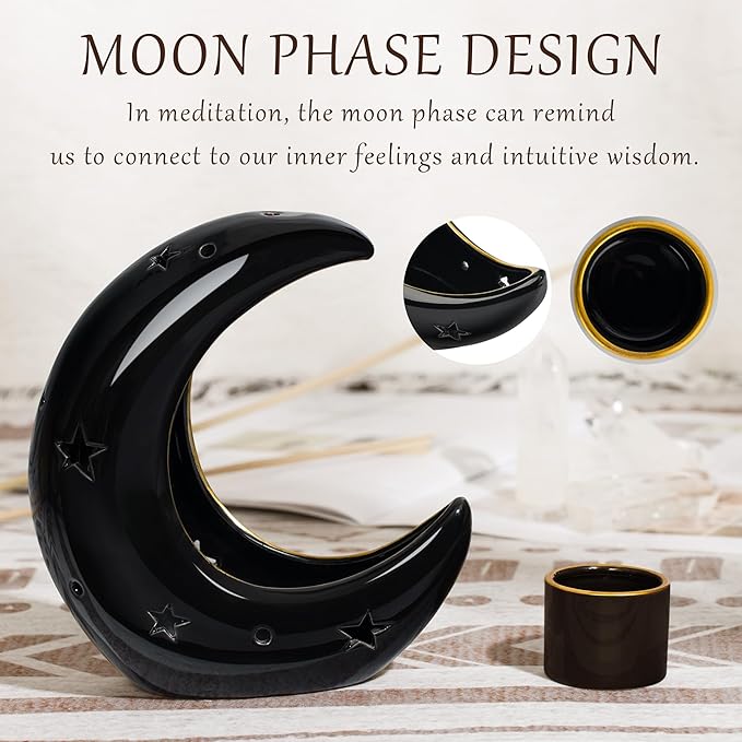 ZenBless Moon Versatile Ceramic Backflow Incense Holder and Burner Waterfall,for Burning Sage, Palo Santo, Backflow Cone and Candle,Aromatherapy Ornament Home Room Decor,the Ideal Present (Black)