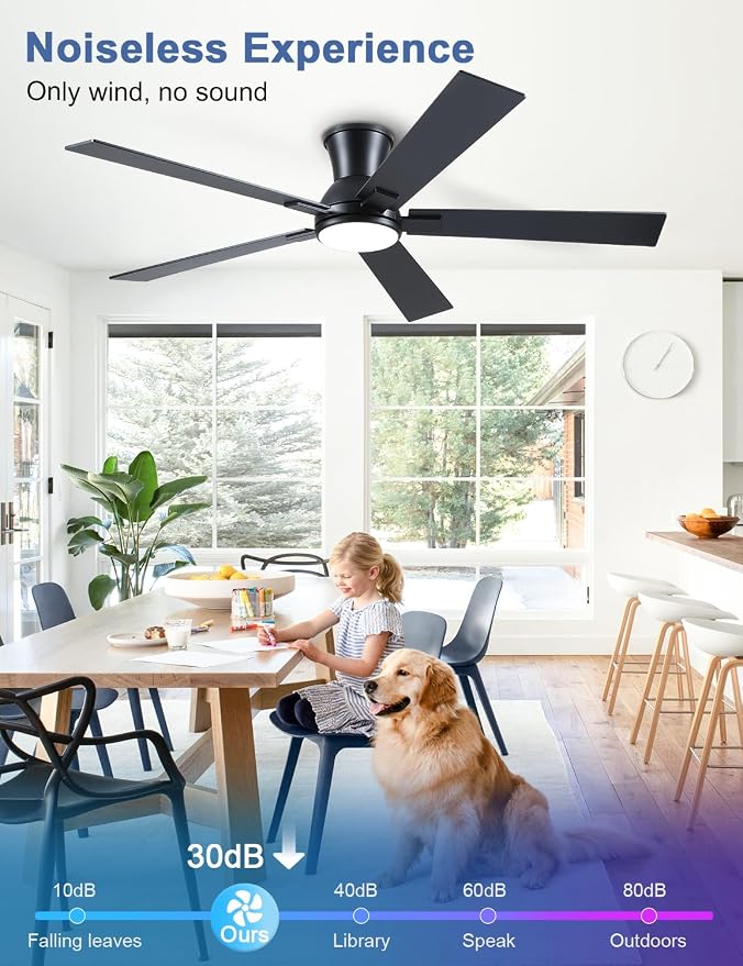 60 Inch Black Flush Mount Ceiling Fans with Lights, 3CCT Dimmable LED, 6-Speed Remote Control, Reversible Motor,Quiet Low Profile Energy-Efficient for Bedroom & Living Room,ETL Listed