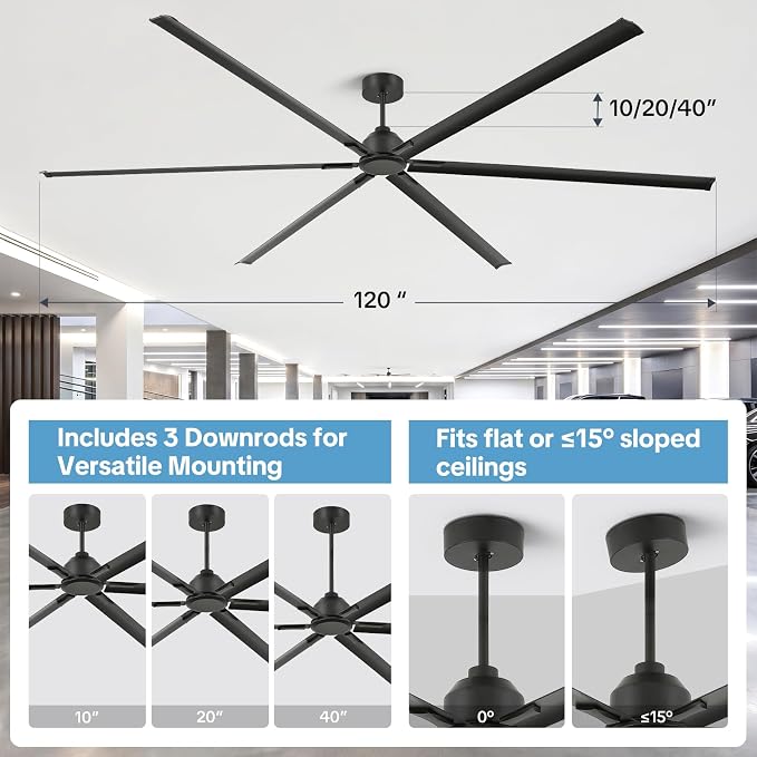 120 Inch Extra Large Ceiling Fan,HVLS Industrial Ceiling Fan with DC Reversible Motor,6 Speed Black Commercial Fan,High CFM, 6 Aluminum Blades,Timer,3 Downrods for Garage/Shop/Warehouse/Gym/Barn
