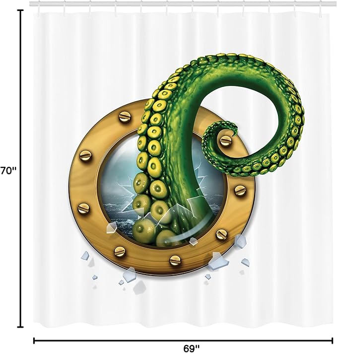 Ambesonne Octopus Shower Curtain, Ship Porthole Tentacles, Cloth Fabric Bathroom Decor Set with Hooks, 69" W x 70" L, Fern Brown