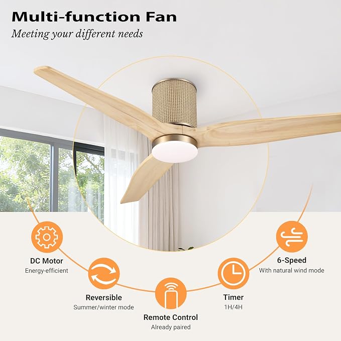 LEDLUX 52" Ceiling Fan with Light - Low Profile Flush Mount Ceiling Fan, 6-Speed Remote Control, Solid Wood, Quiet Reversible DC Motor, Boho Style, for Bedroom, Living Room, Porch, Light Oak/Gold