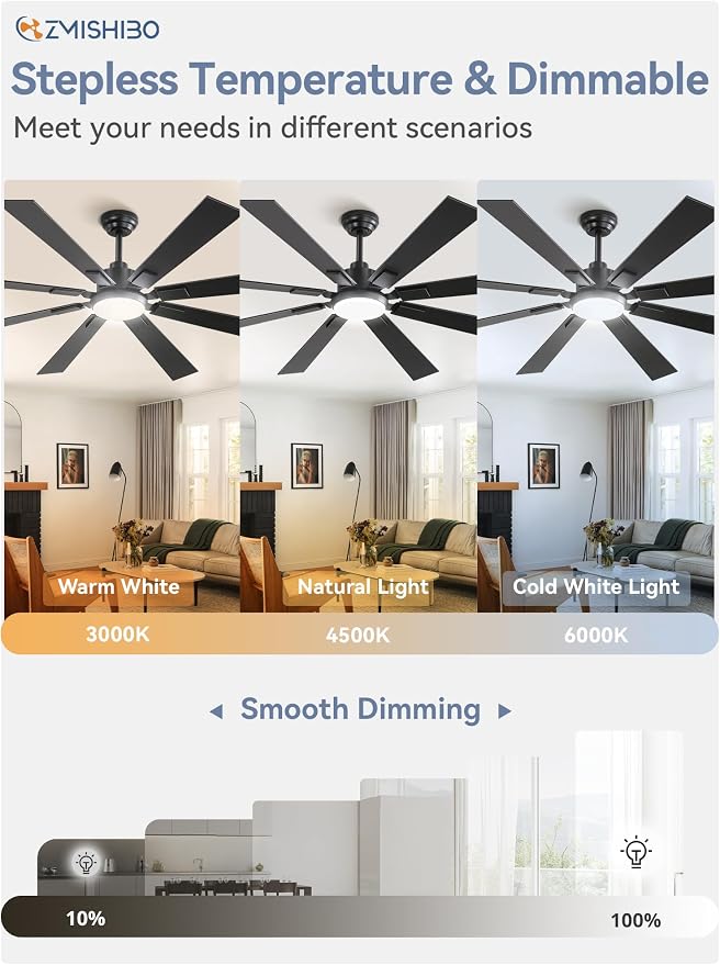 ZMISHIBO 65" Black Ceiling Fan with Dimmable 3000-6000K Light and Remote | 65 Inch Large Ceiling Fan, Quiet Reversible DC Motor, 6 Speeds, 8-Blades, Great for Living Room, Bedroom, Covered Patio
