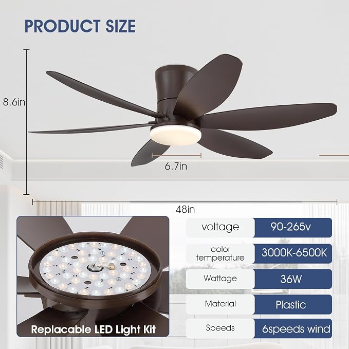 Surtime 48In Ceiling Fans with Light and Remote/APP Control, 6-Blade Reversible Motor Ceiling Fan, 3-Color Dimmable Lighting, All-Brown Finish